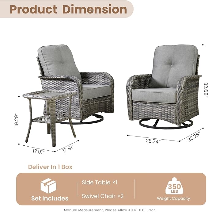 HOOOWOOO Patio Furniture Set, 3 Pieces Outdoor Conversation Set, All Weather - Image 7