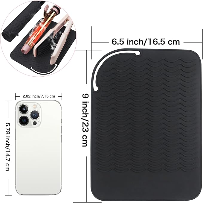 Heysam Heat Mat for Flat Iron Hair Straightener and Curling Iron Pad, Travel Storage Mat Pouch for Countertop, Professional Heat Resistant Silicone Mat for Hair Tools, 9"x6.5", Black
