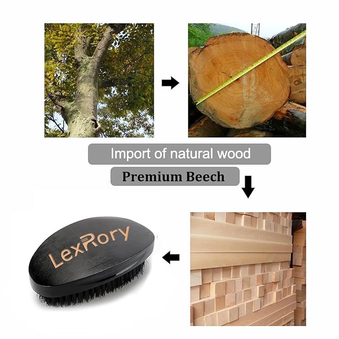 360 Curved Wave Brush For Men - Medium Hard Palm Wave Hair Brushes - Made with Beech Mix Nature Boar Bristle Brush For Black Hair (Black)