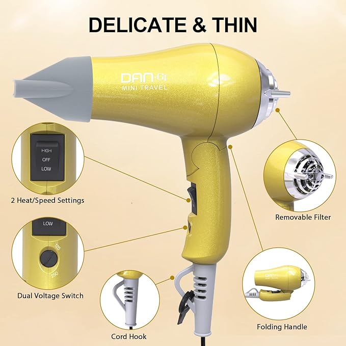 Mini Portable Hair Dryer 1200W, Travel-Friendly, Dual Voltage 125/250V, 2 Speed Settings, Foldable, Lightweight, Two Concentrator & Diffuser Nozzles, Removable Filter