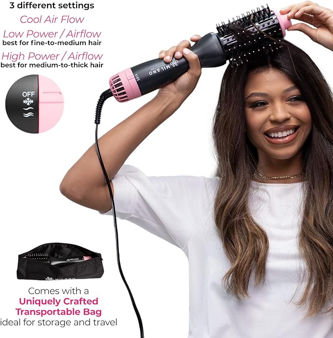 Milano Collection Hot Air Hair Brush Dryer, Quick & Easy Styling, Hair Volumizer for Human Hair Wigs & Natural Hair, Lightweight Round-Shaped Barrel Blow Dry Brush, Black
