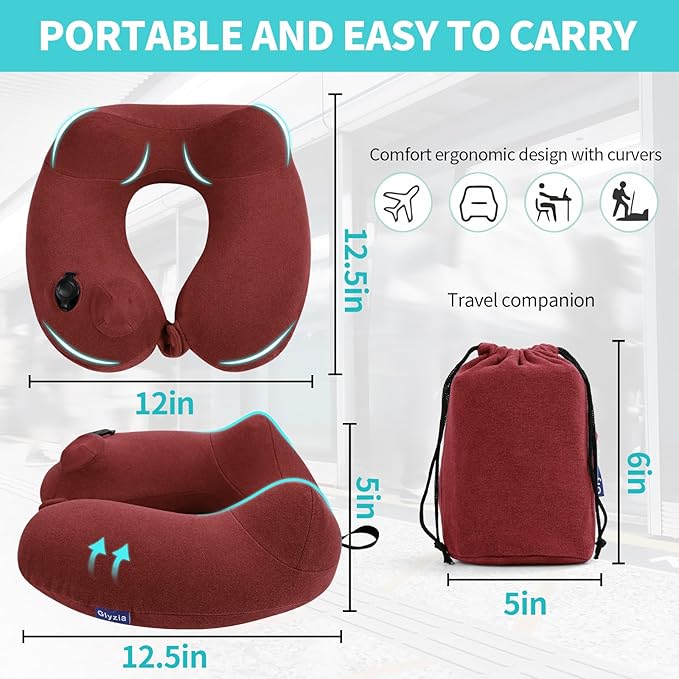 Inflatable Travel Neck Pillow for Airplane, Head Support Velvet Adult Neck - Image 2