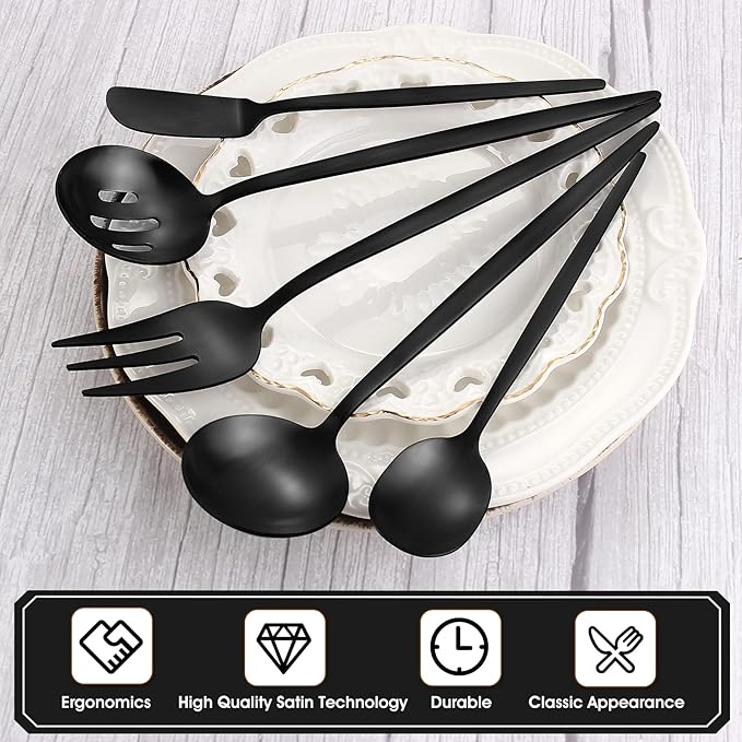 Matte Black Serving Silverware Set, 5-Piece Round Shared Utensils Set of - Image 3