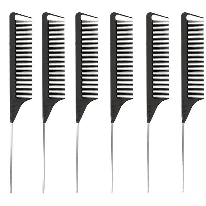STUDIO LIMITED Carbon Pin Tail Comb Set – 6 Pcs Rat Tail and Parting Combs with Stainless Steel Tips, Anti-Static Styling Tools for Easy Parting
