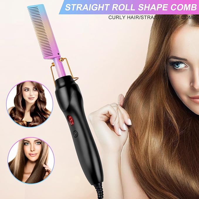 Electric Hot Comb Hair Straightener Heat Pressing Comb Curling Flat Iron Curler Hair Straightener Brush for Natural Black,Anti-Scald Beard Straightening Electric Press Comb (Multicolored)