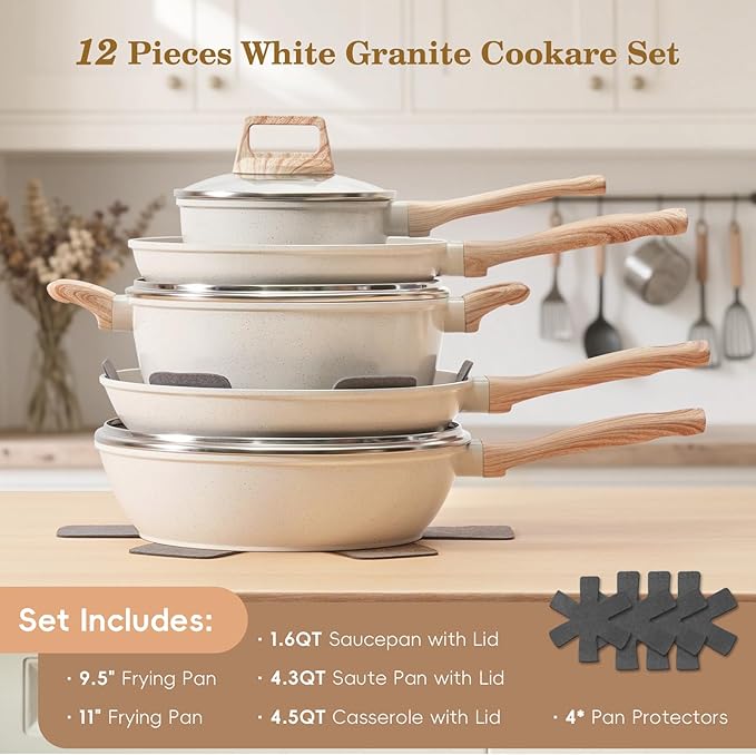 12 Pcs Pots and Pans Set, Nonstick Cookware Sets White Granite Induction - Image 2