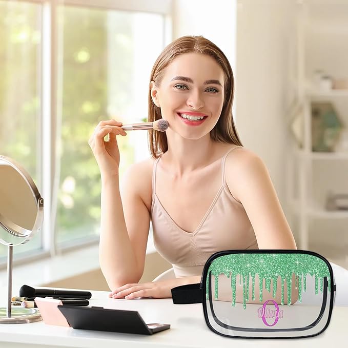 Personalized Name Toiletry Bag, Transparent PVC Large Travel Cosmetic Bag Portable Makeup Organizer Bag for Women Bathroom Shower Essentials, Water Flow Shape Lime Green Glitters