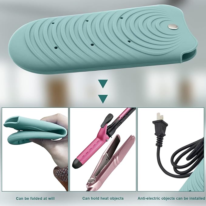 Heat Insulating Silicone Mat Pouch for Hair Styling Tools, Curling & Flat Irons Anti-Slip Travel Cover, Small Portable Straightener Pad for Curler Wands Storage, Hot Waver (Green)