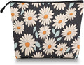 Cosmetic Bags Travel Makeup Toilet Case Waterproof Pouch for Women Girls 6.7X9.45inches - Daisy Pattern With Light Blue Leaves on Black