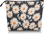 Cosmetic Bags Travel Makeup Toilet Case Waterproof Pouch for Women Girls 6.7X9.45inches - Daisy Pattern With Light Blue Leaves on Black