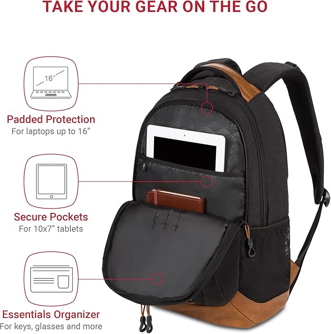 SwissGear 5505 Cecil 16” Laptop Backpack Black Canvas/Brown – Daily Laptop Bag - Image 2