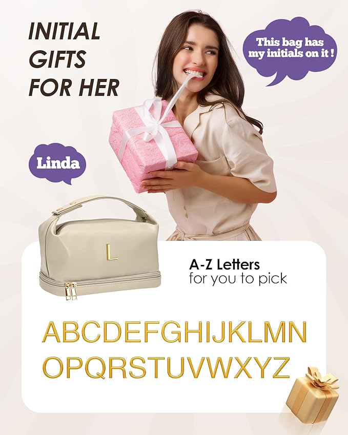 Gifts for Women, Initial Makeup Bag, Waterproof Double Layer Cosmetic Bag - Image 2