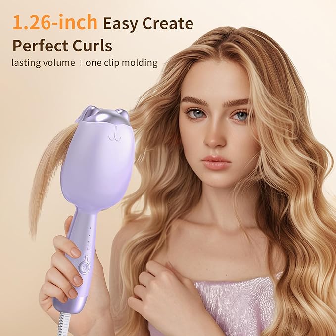 Crimper Hair Tool, Beach Waves Curling Wand,Ionic Hair Waver with 1.26 Inch Double Barrel for Women，Easy to Use，Four-Speed Adjustment and Automatic Power-Off, Purple