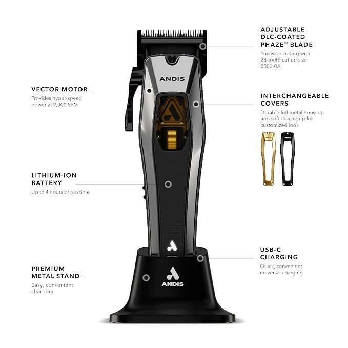 Andis 562446 Recon Professional Barber Hair Clipper, Adjustable-Fixed Phaze Blade, Includes OG Comb Set, Lithium Ion 4-Hour Run Time, Interchangeable Covers, Black/Gold