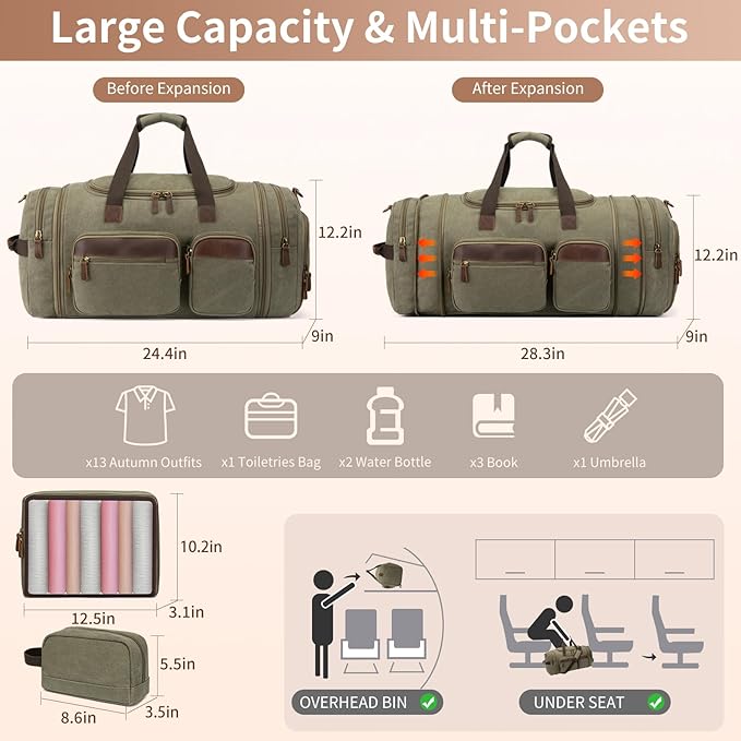 Mens Duffle Bag for Travel 60L Expandable Canvas Weekender Overnight Travel - Image 4