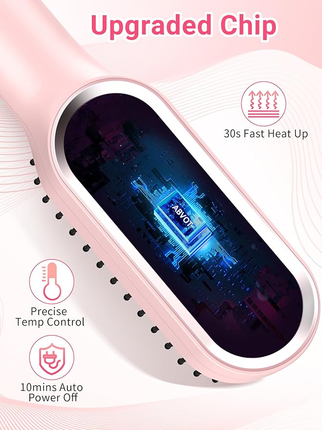 Hair Straightener Brush, ABVOT Airflow Ring Hair Straightener Comb Straightening Smoothing Comb with Hot Cooling Air Vents, Fast Heat Up, Auto Shut Off & Anti Scald Shell for Travel, Pink