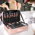 Relavel Makeup Case Large Makeup Bag Professional Train Case 16.5 inches Travel Cosmetic Organizer Brush Holder Waterproof Makeup Artist Storage Box, 3 Layer Large with Adjustable Strap (Pink)