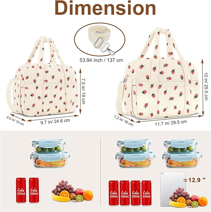 Corduroy Lunch Box Lunch Bag for Women Adults Men, Cute Strawberry Insulated - Image 5