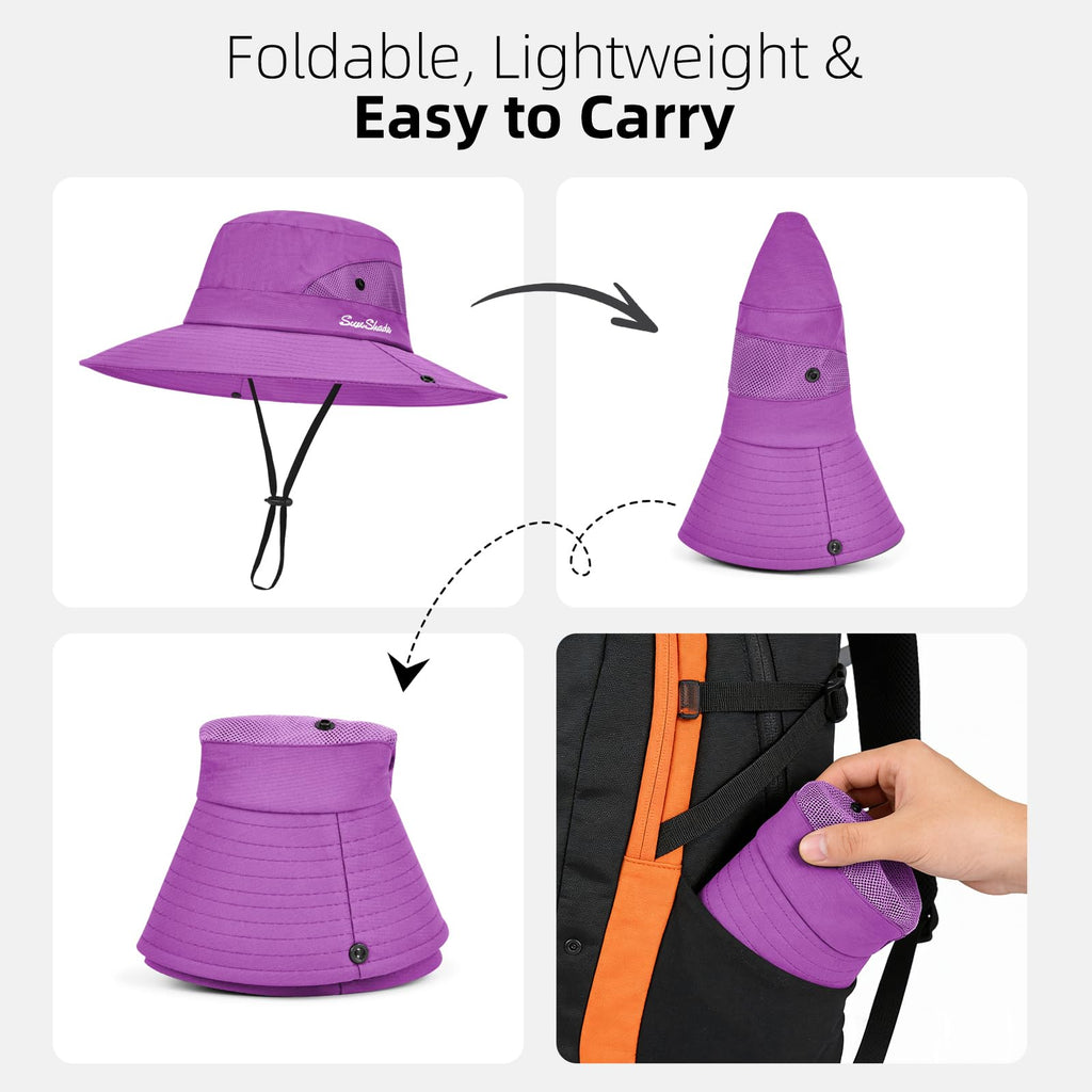 Ponytail Sun Bucket Hats for Women UV Protection Foldable Wide Brim (1 Pack-pure Purple)