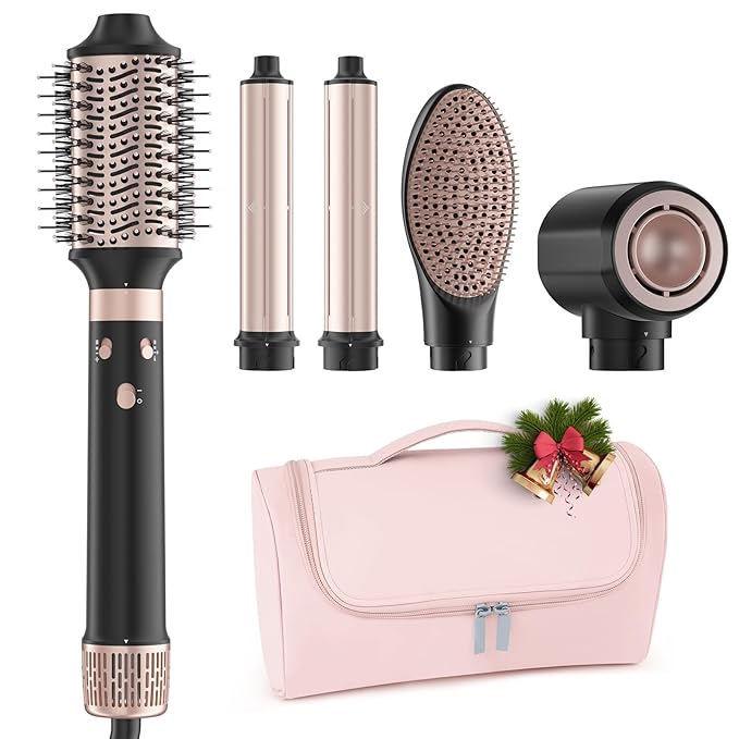 5 in 1 Dual Voltage Hot Air Styler - Professional Hair Dryer Brush for Fast Drying, Curling, Straightening & Volumizing | Low Heat Damage + Negative Ions + Travel-Friendly