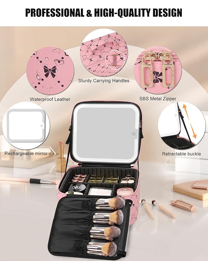 Relavel Travel Makeup Bag With LED Mirror, Compact Cosmetic Organizer Storage - Image 3