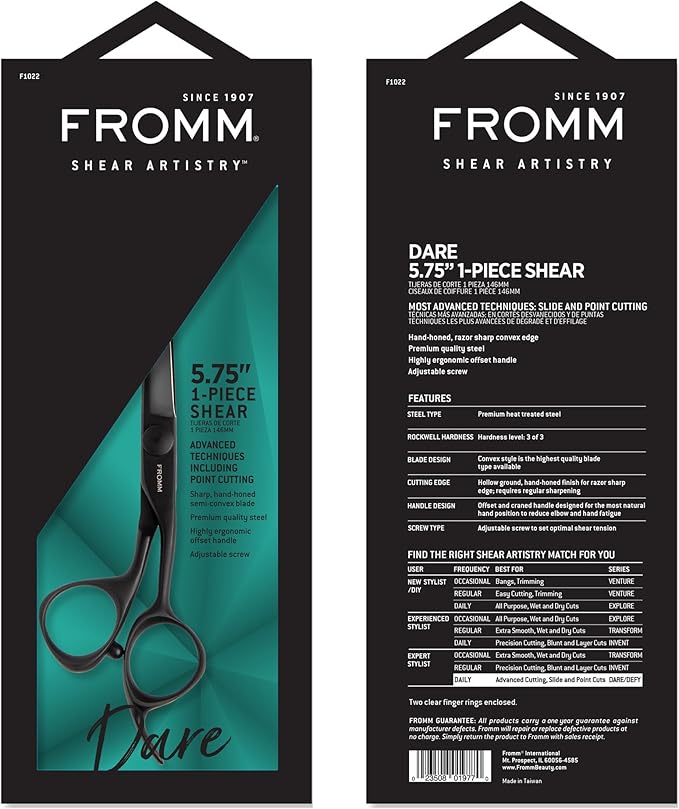 Fromm Dare 5.75" 1-Piece Precision Slide and Point Hair Cutting Shears with Semi-Convex Blade for Expert Salon Stylists, Matte Black Japanese Steel Scissors
