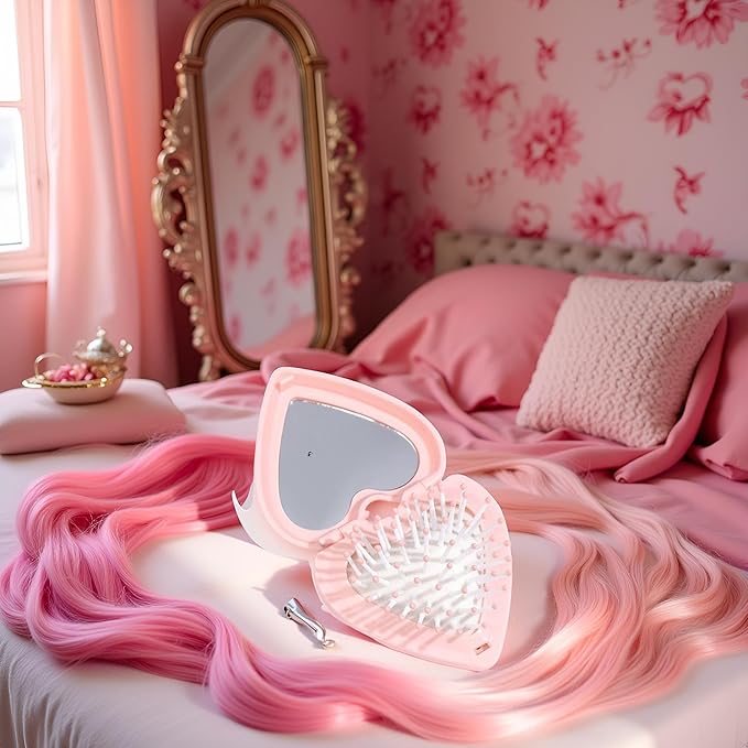 Pink Heart Hair Brush With Mirror, Air Cushion Folding Brush, and Massage Styling Tools for Women and Girls