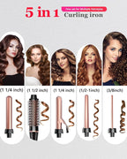 5 in 1 Curling Iron & Thermal Brush Set with 4 Interchangeable Ceramic Barrels (0.35”-1.25”) Fast Heat Dual Voltage Travel Hair Tools Birthday Gift for Women - Hair Curler Wand Kit for Curls & Blowout