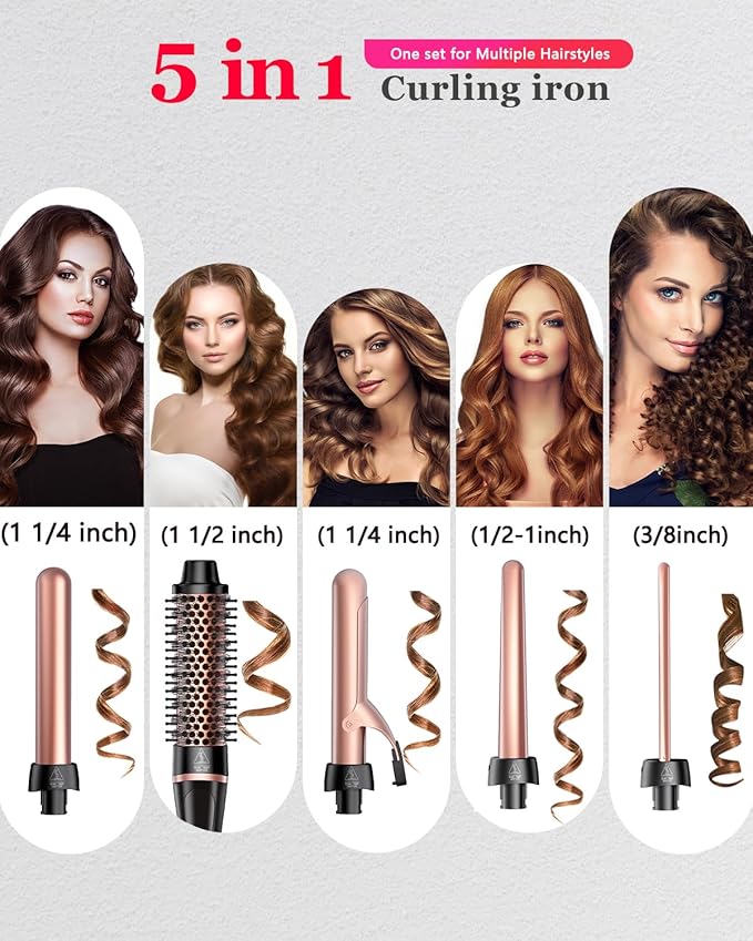 5 in 1 Curling Iron & Thermal Brush Set with 4 Interchangeable Ceramic Barrels (0.35”-1.25”) Fast Heat Dual Voltage Travel Hair Tools Birthday Gift for Women - Hair Curler Wand Kit for Curls & Blowout