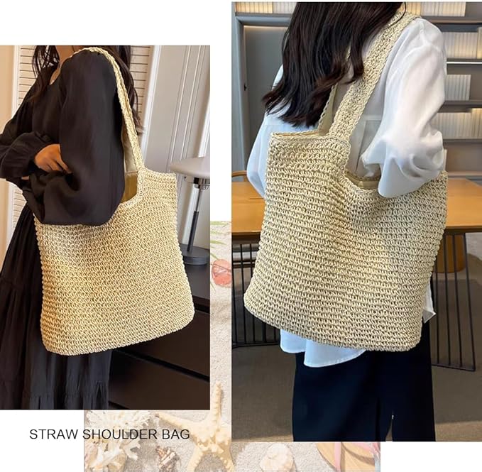 Straw Beach Bags for Women Woven Beach Tote Bag Casual Boho Large Shoulder - Image 7