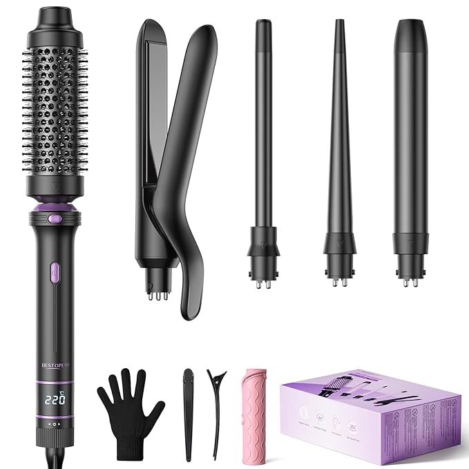 5 in 1 Curling Iron, Curling Wand Set with Thermal Brush, Flat Iron Hair Straightener, 3 Ceramic Irons (0.35"-1"), 13 Adjustable Temps, Hair Curler Waver with Heat Resistant Mat, Glove, Clip