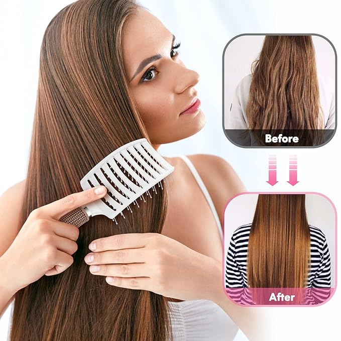 Hair Brush Set, Curved Vented Detangling Hair Brushes for Women Men Kids, Professional Vent Styling Brush for Wet Dry Curly Thick Straight Hair Fast Blow Drying Brush (Black+ White)