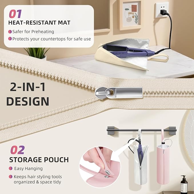 2-in-1 Heat Resistant Mat & Bag for Hair Styling Tools, Hanging Curling Iron Holder Flat Iron Holder with Zip, Portable Hot Hair Tools Travel Bag, Hair Straightener Mat Pouch for Countertop