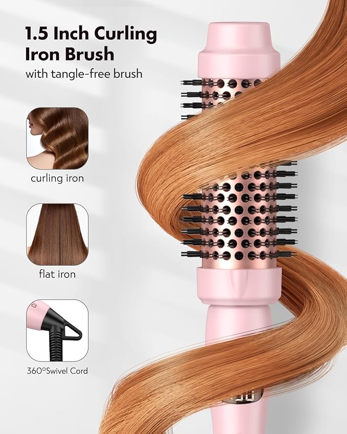 Thermal Round Brush, 1.5 inch Blowout Brush with Ceramic Barrel & Negative Ions Tech Makes Hair Smoother Get Natural Curls, Heated Styler Tool for All Hair Type, Dual Voltage