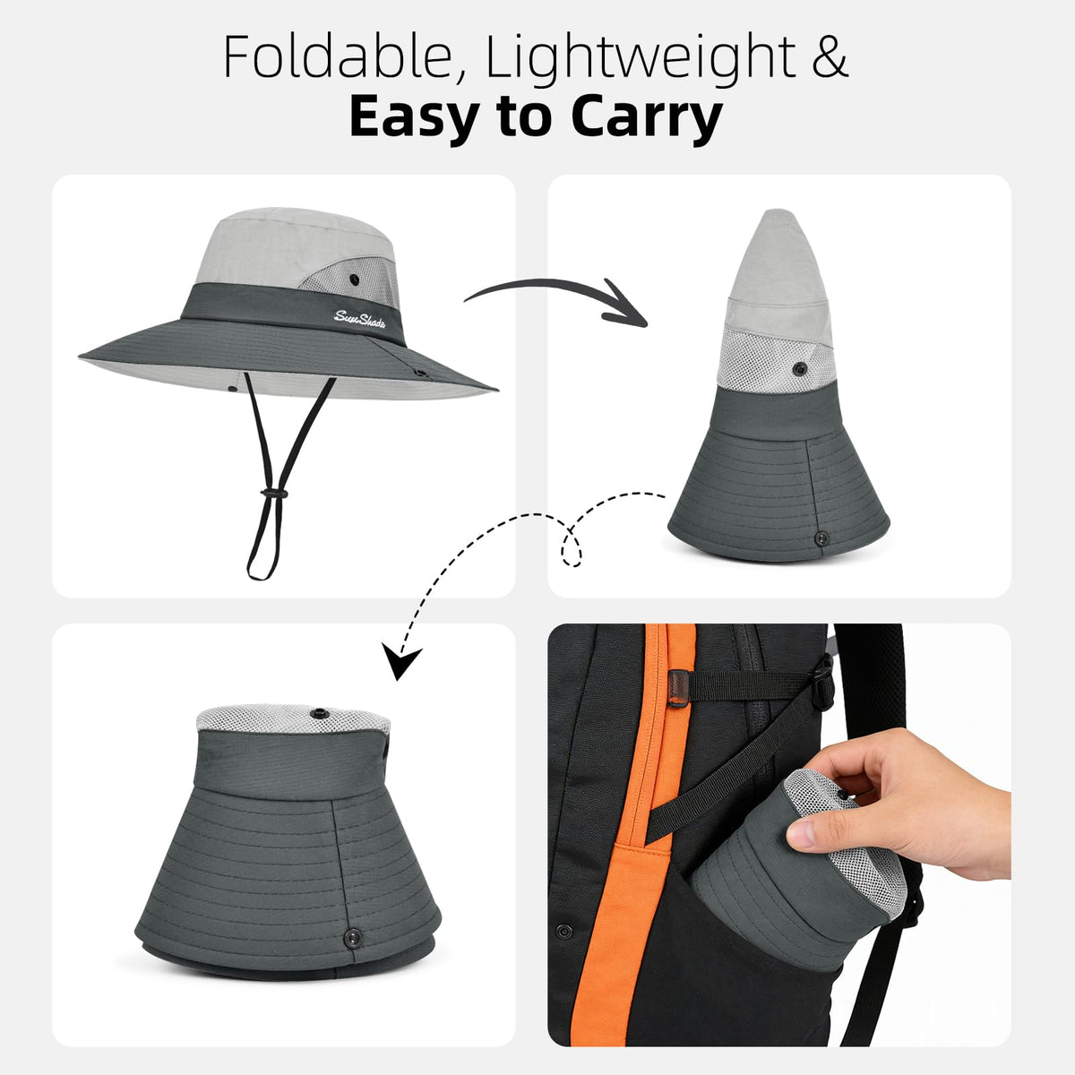Ponytail Sun Bucket Hats for Women UV Protection Foldable Wide Brim (1 Pack-light Grey)
