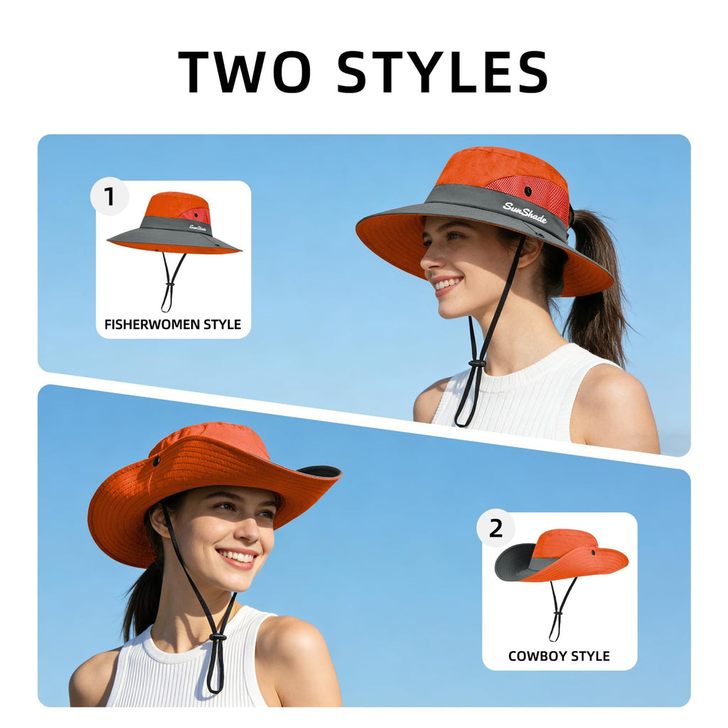 Ponytail Sun Bucket Hats for Women UV Protection Foldable Wide Brim (1-orange)