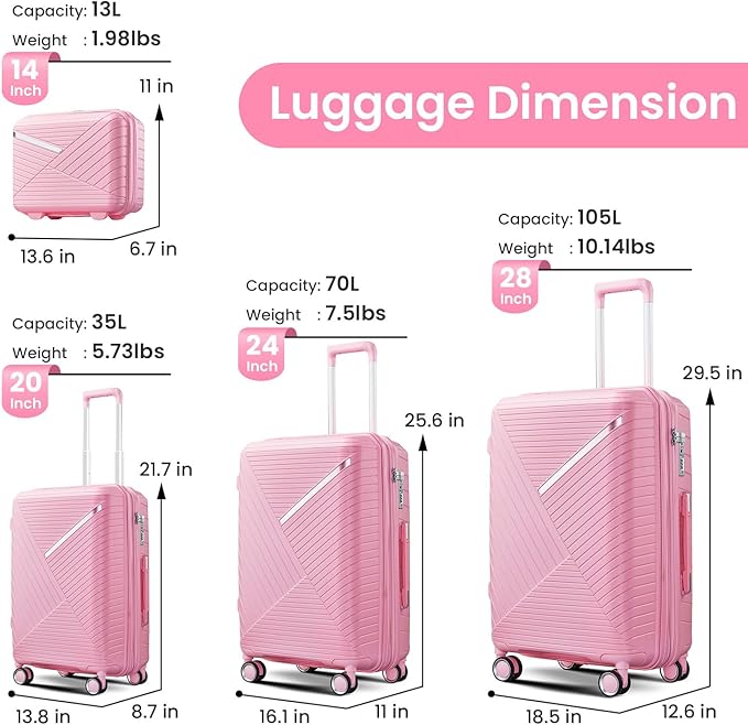 Campfun Luggage 4 Piece Sets, Expandable Carry On Luggage Set Hardshell PP - Image 2