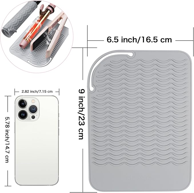 Heysam Silicone Pad Heat Resistant Mat for Curling Irons, Flat Iron Hair Straightener Mat, Portable Travel Mat Pouch for Vanity Salon, 9"x6.5" Heat Tools Sleeve Pad and Flat Iron Travel Case, Gray