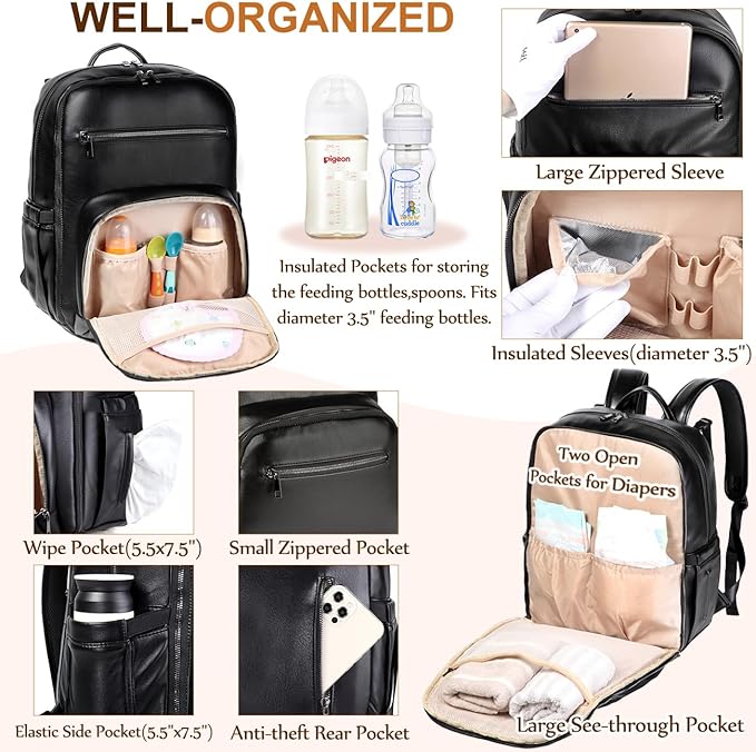 VASCHY Diaper Bag Backpack for Mum Dad, Unisex Large Waterproof Vegan Leather - Image 4