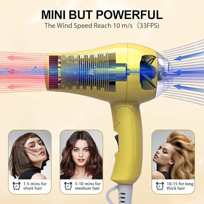 Mini Portable Hair Dryer 1200W, Travel-Friendly, Dual Voltage 125/250V, 2 Speed Settings, Foldable, Lightweight, Two Concentrator & Diffuser Nozzles, Removable Filter
