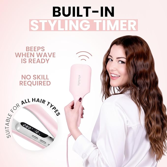 ELLA BELLA® Ultimate Waver Curling Iron • Crimper Hair Tool • Adjustable Heat Settings Dual Voltage • Anti-Scald Tech • Ionic Ceramic Coating for Long-Lasting, Frizz-Free Beach Waves (Pink & Grey)