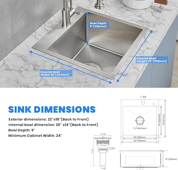 POPFLY 22 Inch Kitchen Sink, 22 x 18 Inch Drop in 18 Gauge Stainless Steel - Image 7