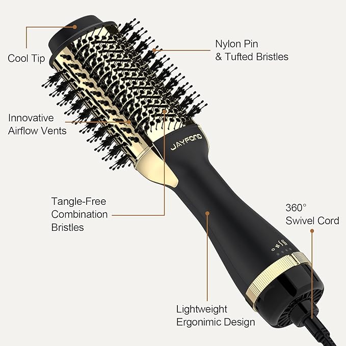 Hair Dryer Brush Volumizer, Ionic Technology, ALCI Safety, 360 Swivel Cord, Gold