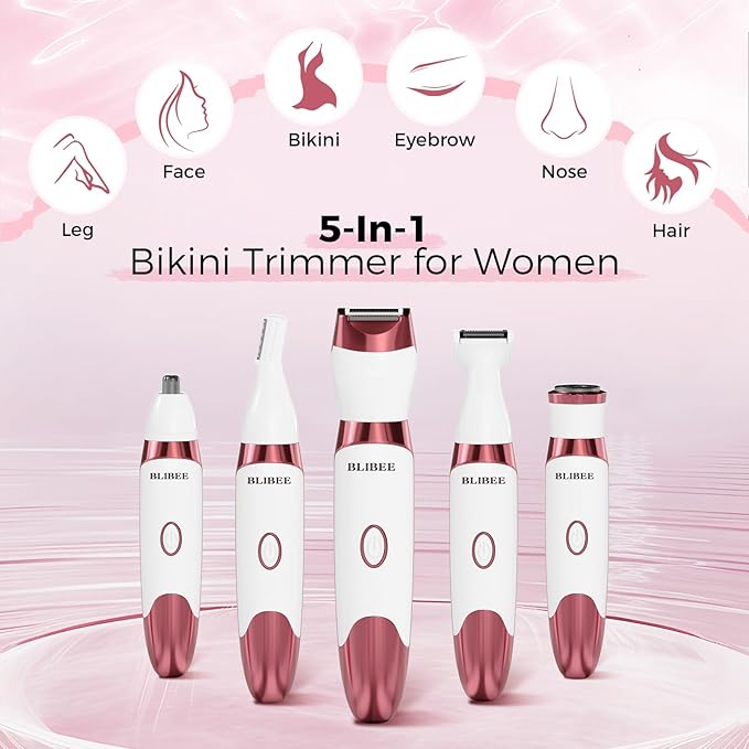 Bikini Trimmer for Women, LED Display Electric Razors for Women, 5-in-1 Electric Shaver, Rechargeable Painless Pubic Hair Trimmer for Legs, Underarms, Face & Sensitive Skin (Purple)