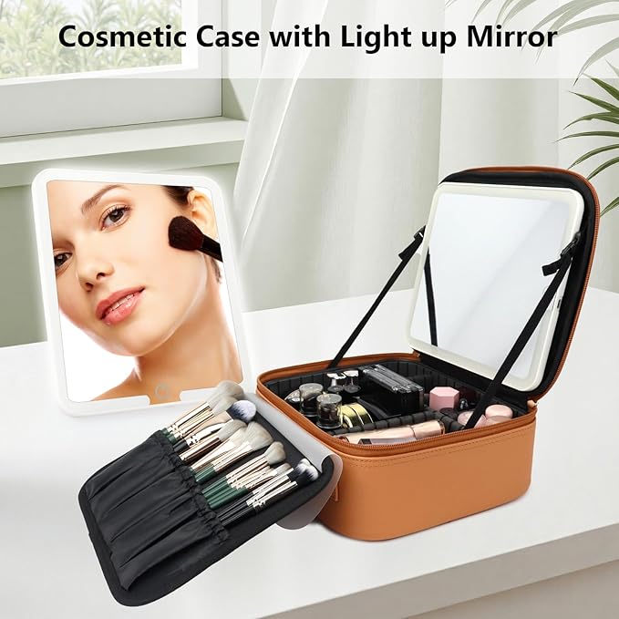 Travel Makeup Bag with LED Mirror Travel Makeup Organizer with 3 Lighted - Image 3