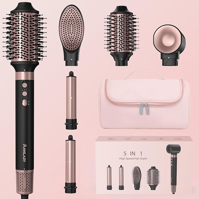 5 in 1 Ionic Hot Air Styler, 1400W Powerful Hair Dryer Brush, Auto-Wrap Curlers, Paddle Brush for Fast Drying, Volumizing with Travel & Storage Bag
