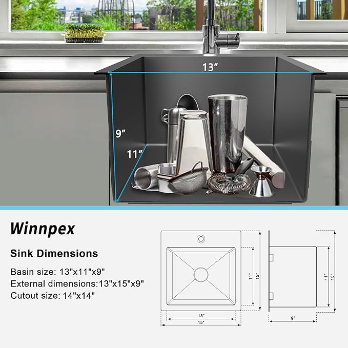 15 x 15 inch Drop in Bar Sink Black, Gunmetal Black Bar Sink 18 Gague Topmount - Image 7