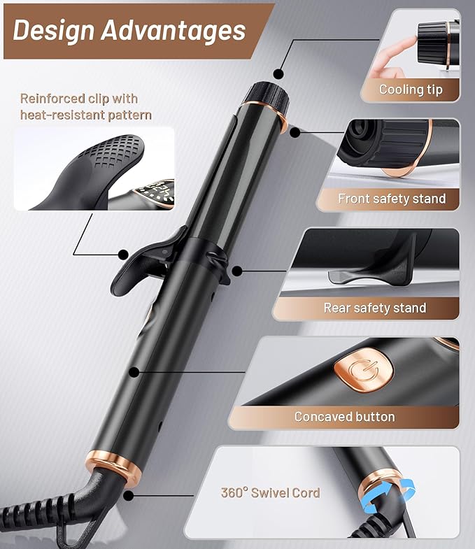 1 Inch Mini Travel Curling Iron, 100-240V Travel Dual Voltage Curling Iron for Short Hair with 5 Heat Settings, Small Curling Wand with Temperature Memories and Lock, Rose Gold