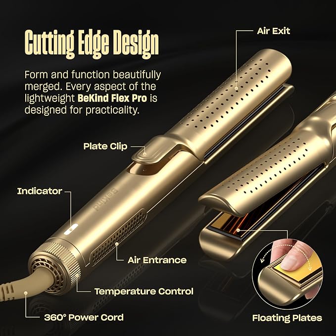 Hair Straightener and Curler 2 in 1 by BeKind Flex, 360° Hair Styler Flat Iron for All Styles, Floating Plates Design, Airflex Lower Temp for Better Styling, Gift for Girls and Women - Golden