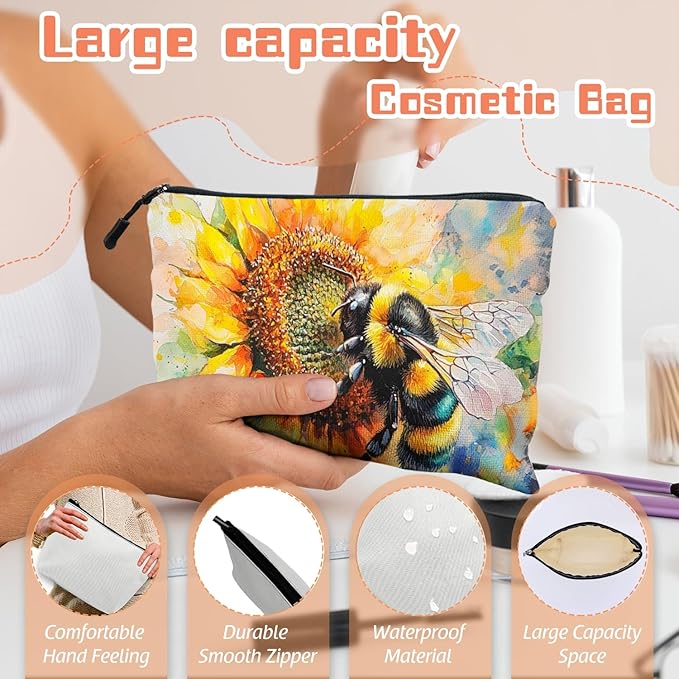 Cosmetic Bags Travel Makeup Toilet Case Waterproof Pouch for Women Girls 6.7X9.45inches - Bee on A Sunflower in Watercolor Painting